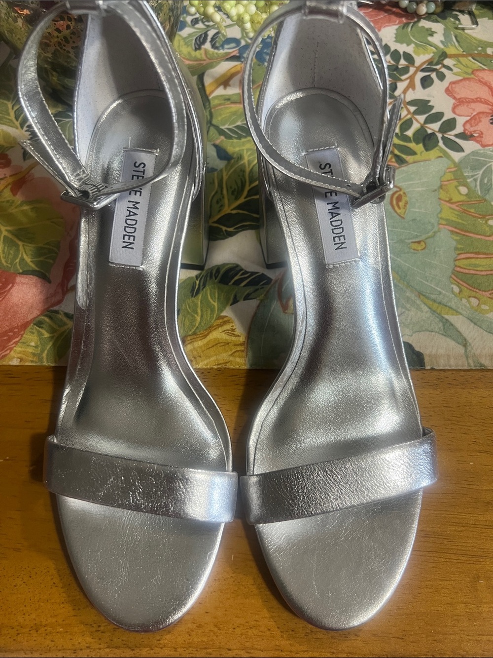Steve Madden Silver Metallic Ankle-Strap Block Heels